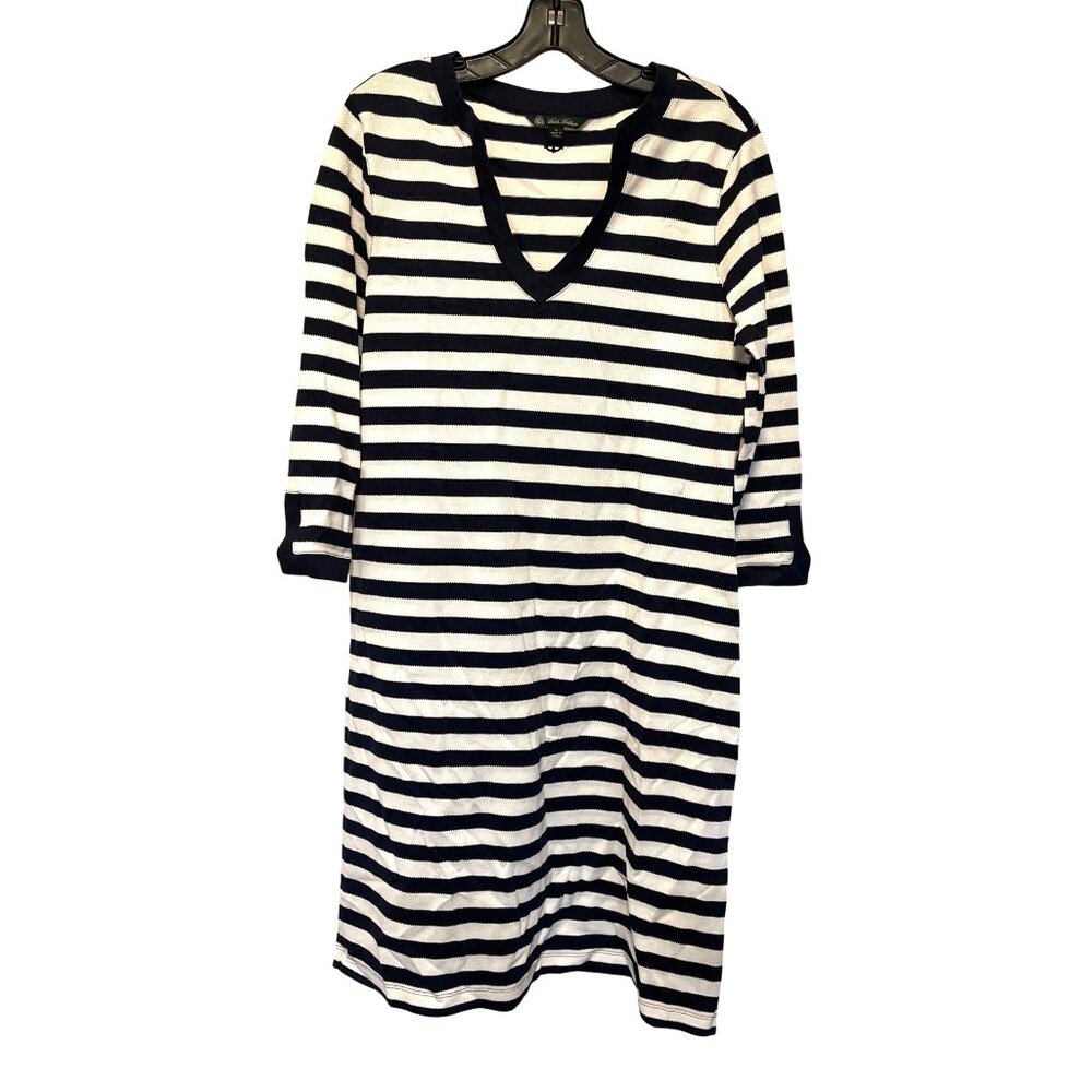 Brooks Brothers Navy & White Striped Knit Dress 3/4 Sleeves V-Neck Size L Cotton